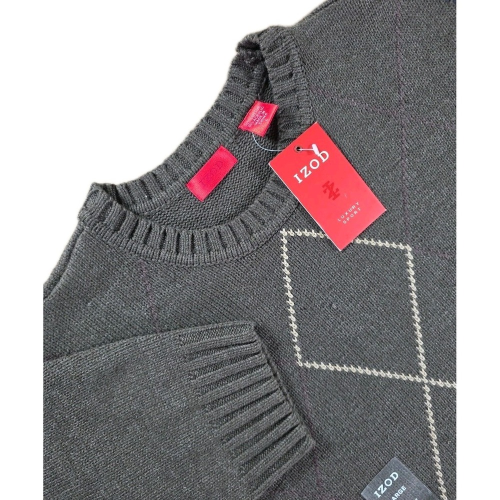 IZOD men L‎ Luxury Sport brown argyle front Long Sleeve Sweater Pullover NEW NWT